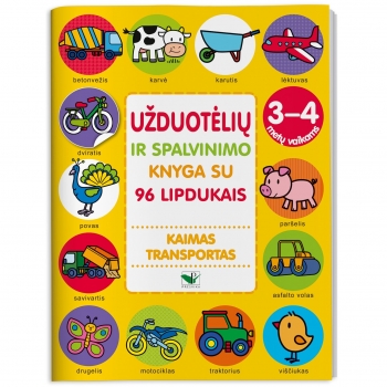 Užduotėlių ir spalvinimo knyga su 96 lipd.3-4m.KAIMAS.TRANSPORTAS