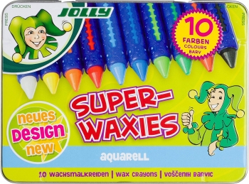 Vaškinės akvarelinės kreidelės 10 sp. Jolly metalinėje dėžutėje SUPER-WAXIES